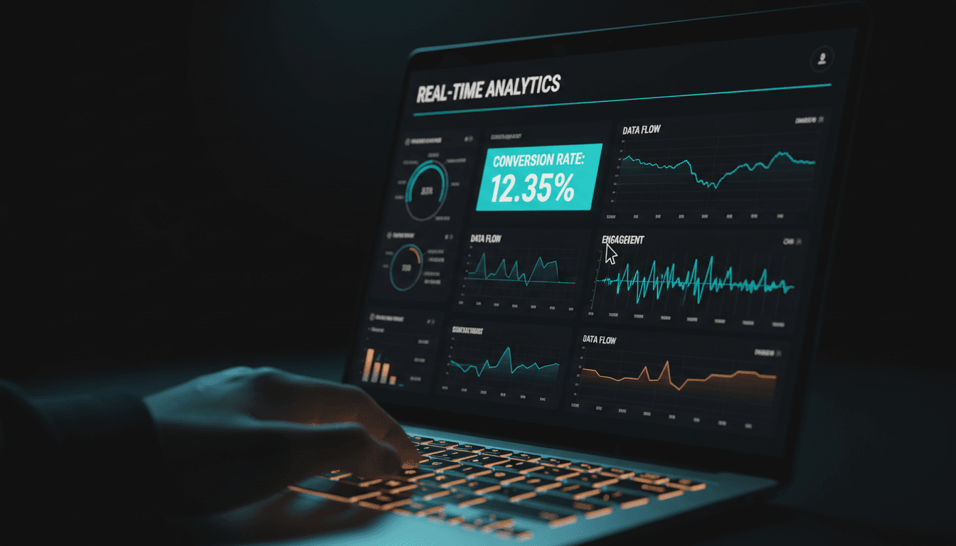 AI analytics dashboard on laptop screen showing conversion optimization metrics and real-time data