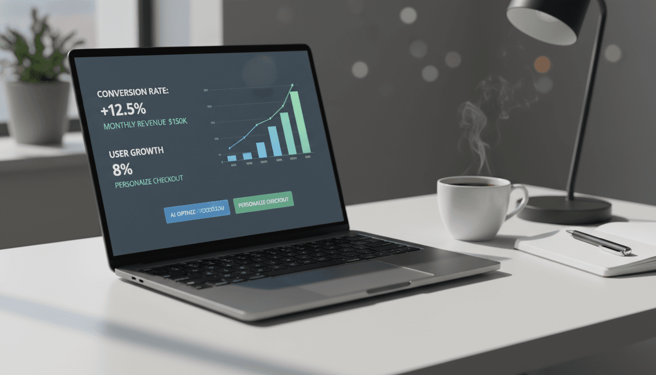 Laptop displaying AI conversion analytics dashboard with optimization recommendations