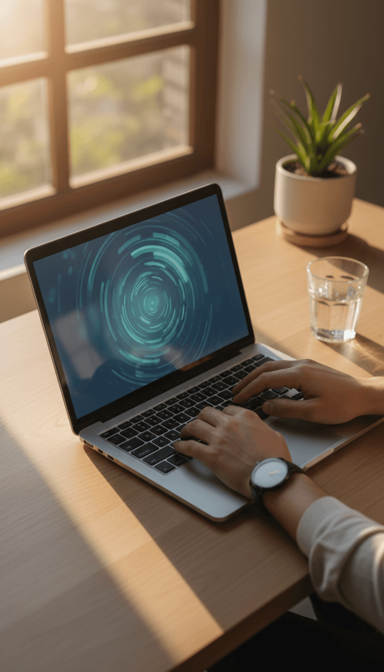 Secure workspace with laptop displaying data analytics