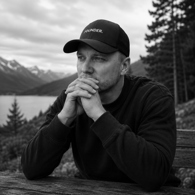 Black and white portrait of Daniel Pokorny wearing a Founder cap, sitting at a wooden table by a lake with mountains in the background.