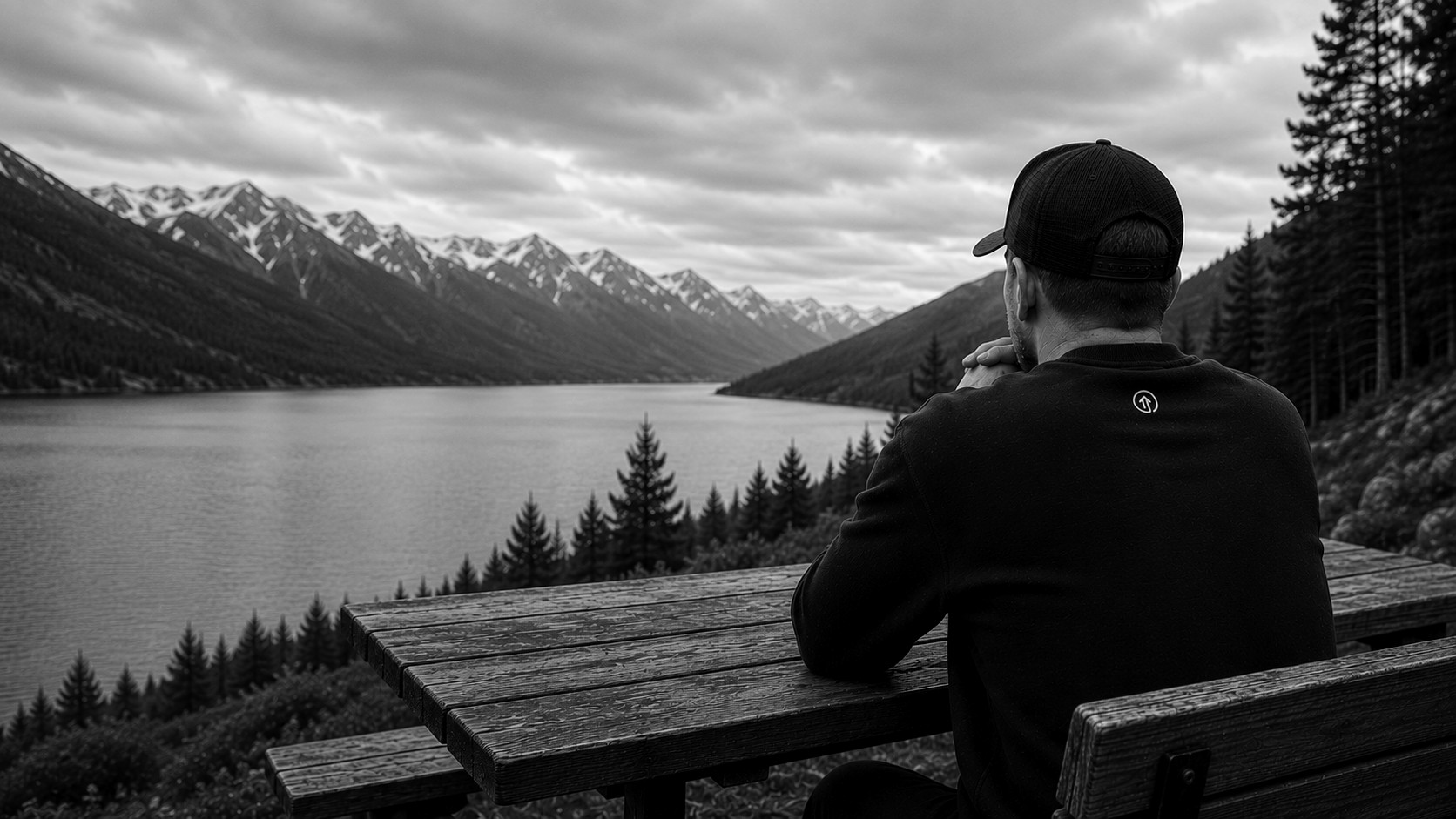 Black and white photo of Daniel Pokorny seen from behind, sitting alone at a wooden table on a mountain overlook, looking out across a long alpine lake toward a row of snow capped peaks under a heavy overcast sky.