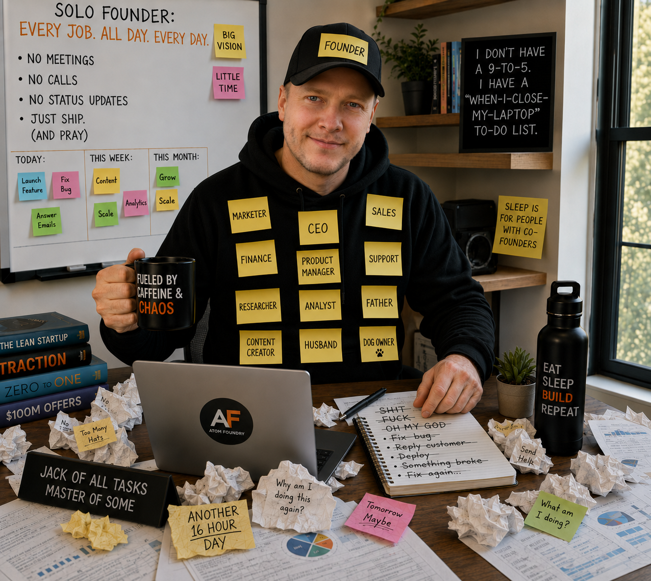 A solo founder in a black cap labelled FOUNDER at a cluttered desk, his hoodie covered in yellow sticky notes for every role he plays — CEO, developer, marketer, sales, support, researcher, analyst, finance, husband, father, dog owner — holding a Fueled by Caffeine and Chaos mug.