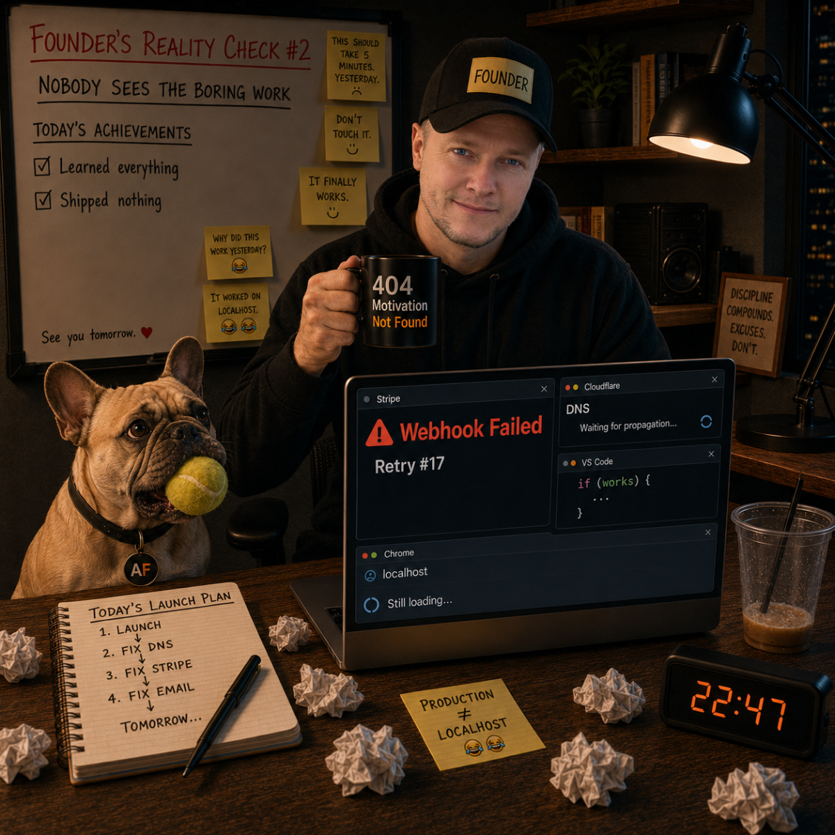 A founder at a late-night desk (clock reads 22:47) holding a 404 Motivation Not Found mug, his French bulldog beside him with a tennis ball, a laptop showing a Stripe Webhook Failed Retry #17 error and Cloudflare DNS waiting for propagation, and a whiteboard reading Today's achievements: Learned everything, Shipped nothing.