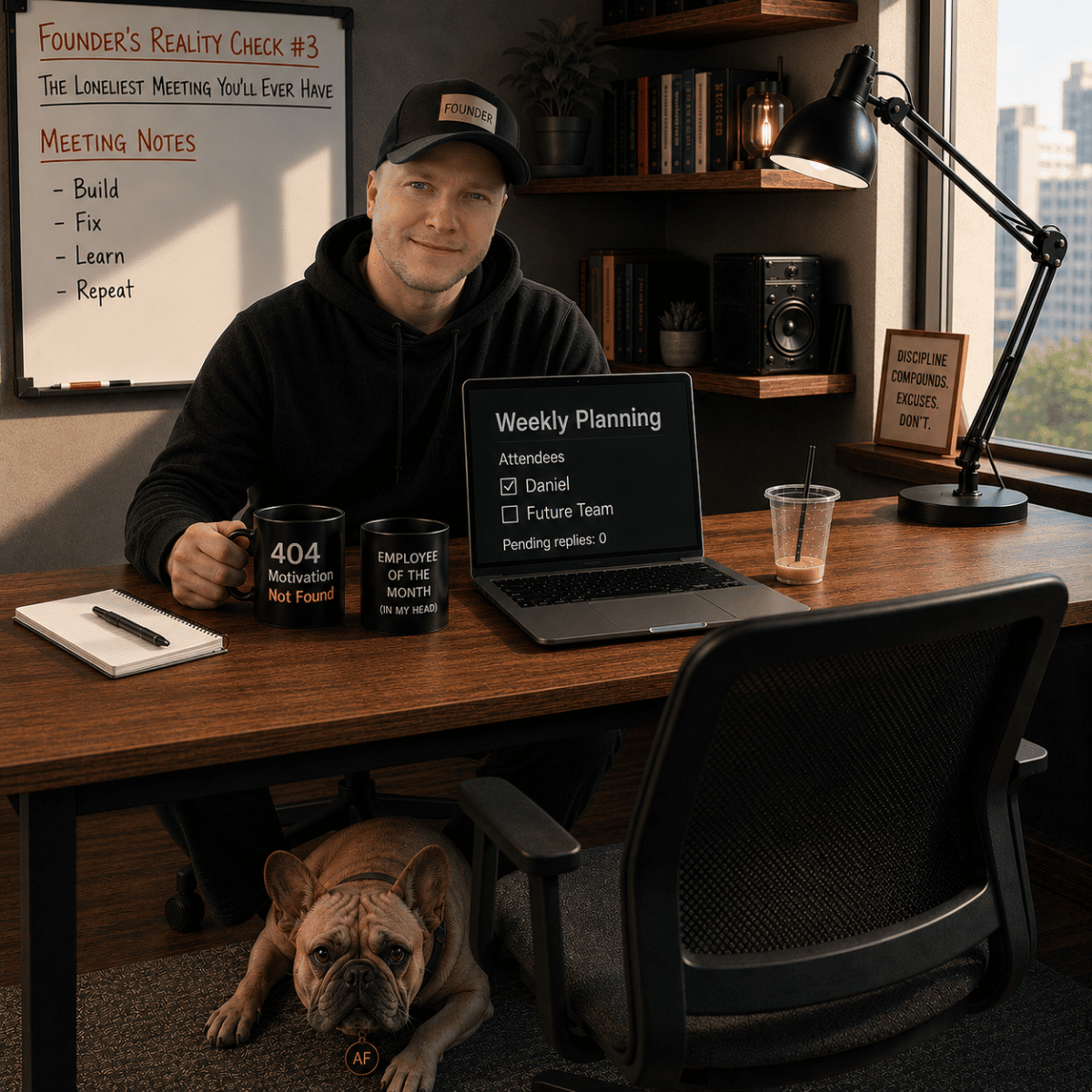 A solo founder in a FOUNDER cap sits at his desk during a weekly planning meeting, facing an empty chair. The laptop shows Attendees: Daniel checked, Future Team unchecked, Pending replies: 0. Mugs read 404 Motivation Not Found and Employee of the Month (in my head). The whiteboard reads Founder's Reality Check #3 with notes: Build, Fix, Learn, Repeat. His French bulldog Aramis sleeps under the desk.